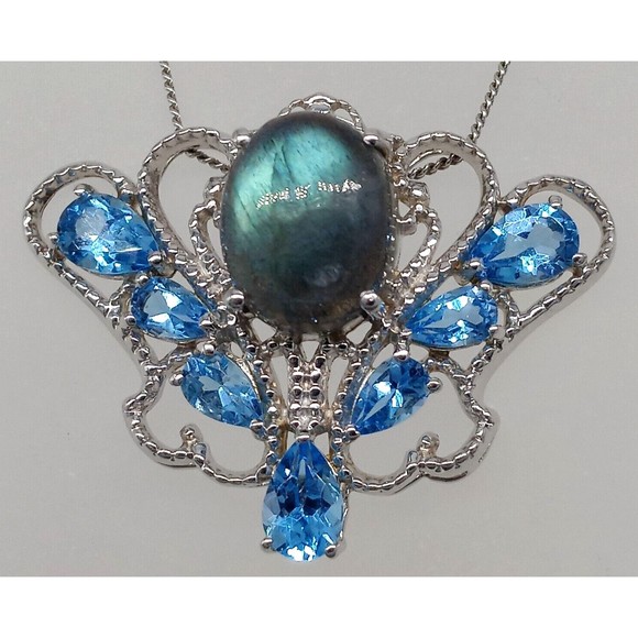 Chuck Clemency Blue Gemstone Topaz Pendant Necklace STS 925 Sterling Sparkly! - Picture 2 of 14